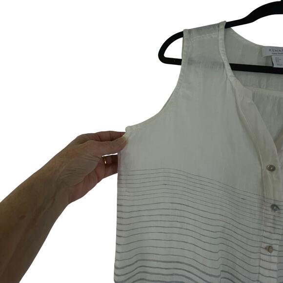 Kenar Striped Sleeveless Button Down Tunic Blouse 100% Linen Minimalist Large - Picture 2 of 10